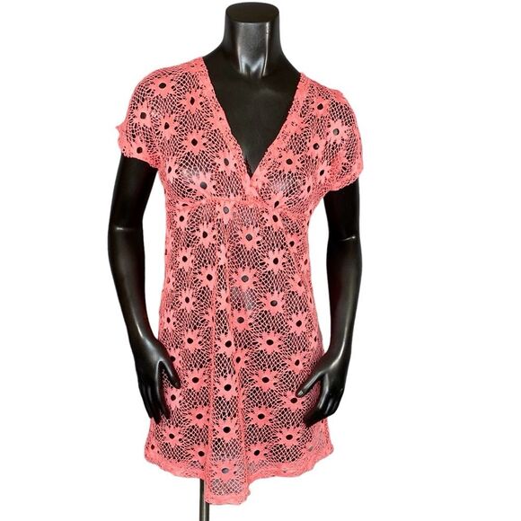 Banana Split Coral Swim Coverup Size Medium Crocheted Style Sunburst Pattern - Picture 1 of 7